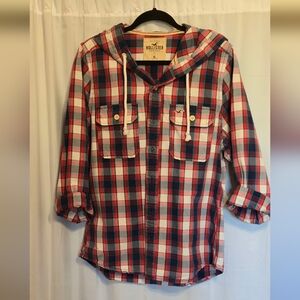 Hollister Men's XL Red and Blue Hooded Plaid Shirt